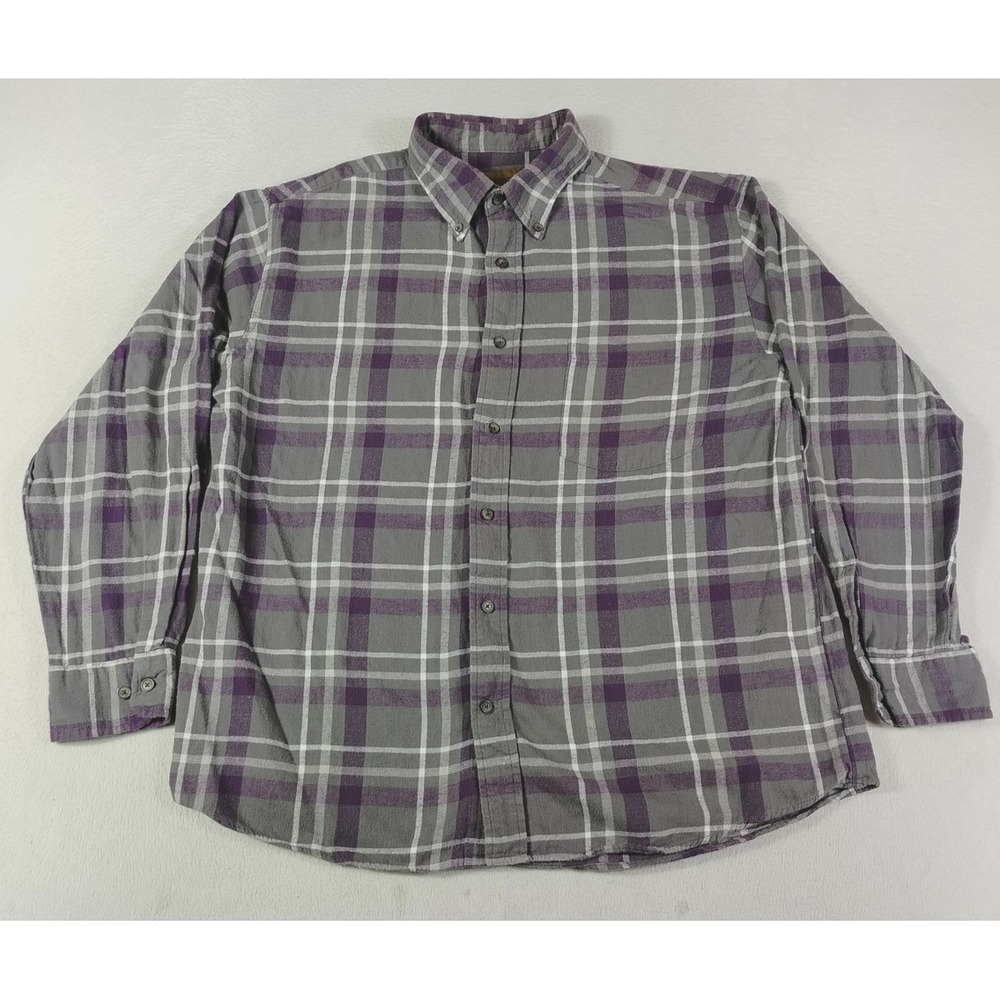 St. John's Bay Flannel Mens Large Gray Purple Plaid Lumberjack Cabincore Utility